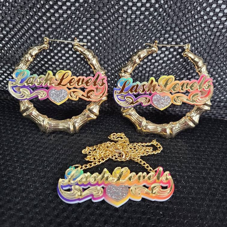 Rainbow Heart Underline Set, Rainbow Name Earrings, Name Bamboos, Hea…