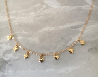 multiple Tiny Hearts Necklace Gold Plated,Little Hearts Necklace,Multi Hearts Necklace,Mini 7 Hearts  Necklace,dangle choker necklace hearts