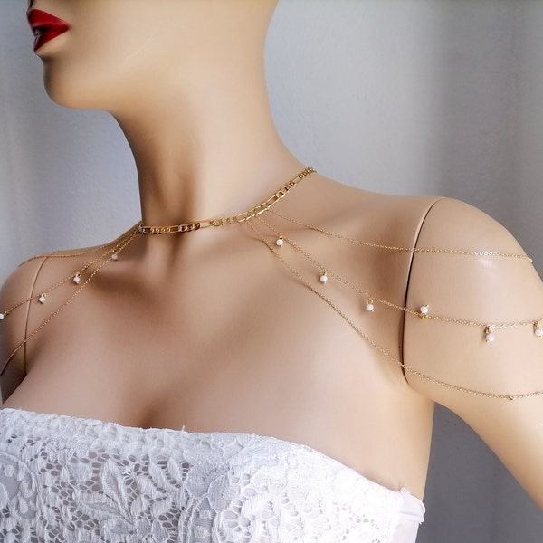 Chaîne d'épaules,Épaules chaîne de perles,Bijoux de corps,Chaîne de corps,Bralette chaîne superposée,Bijoux d'épaule