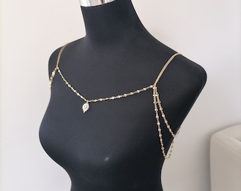 CZ Bezel Shoulders Chain,18k gold plated Body chain,multiple crystal stone body chain,Layered Body Chain Bralette,Shoulder jewelry
