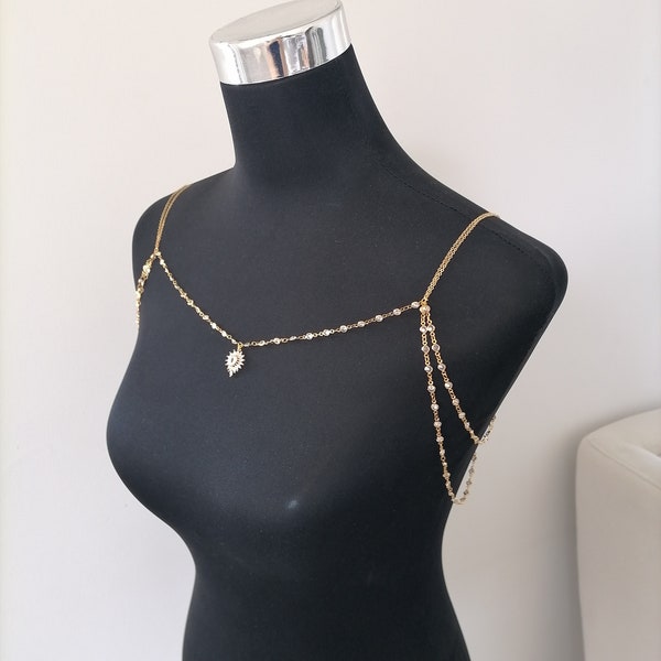 CZ Bezel Shoulders Chain,18k gold plated Body chain,multiple crystal stone body chain,Layered Body Chain Bralette,Shoulder jewelry