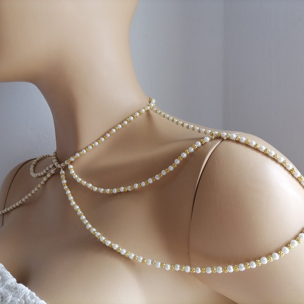 Pearl Shoulders Necklace Chain,Shoulders Body Women Jewelry,Gold Ball Beads Necklace,Layered Necklace,Shoulder bridal jewelry gift