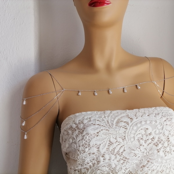 Perla cristal gota cuelga hombros collar cadena, hombros cuerpo joyería de las mujeres, cadena del cuerpo en capas bralette, regalo de joyería nupcial del hombro