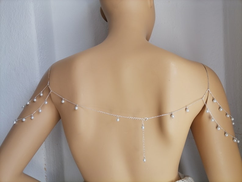 Pearl Shoulders Chain,Body Jewelry,Shoulders Beads Chain, Silver Gold Plated Body Chain, Layered Body Chain Bralette,Shoulder jewelry image 3