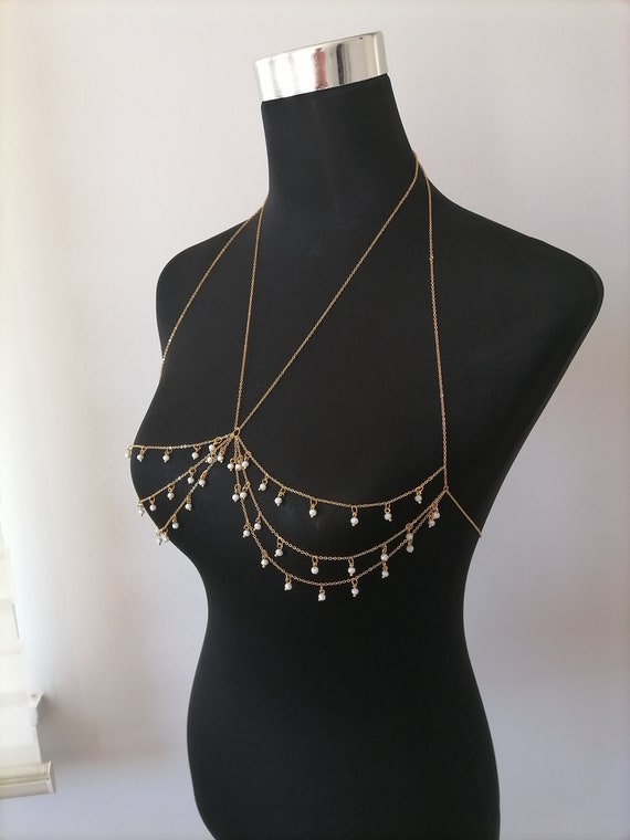 Body Chain Bralette,gold Chain Bra, Body Chain Beads,top Gold Body