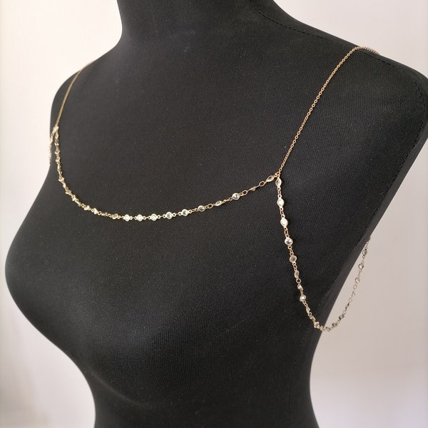 Shoulders Chain,Body Jewelry,multiple bezel Cz stone body chain,Shoulders Chain, Body Chain,Layered Body Chain Bralette,Shoulder jewelry