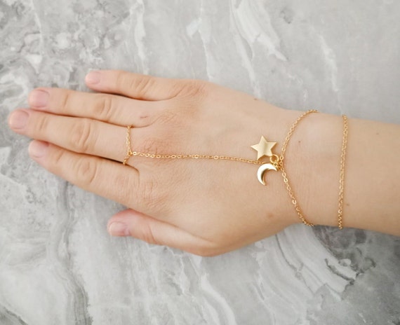 Star Moon Finger Braceletring Attached 