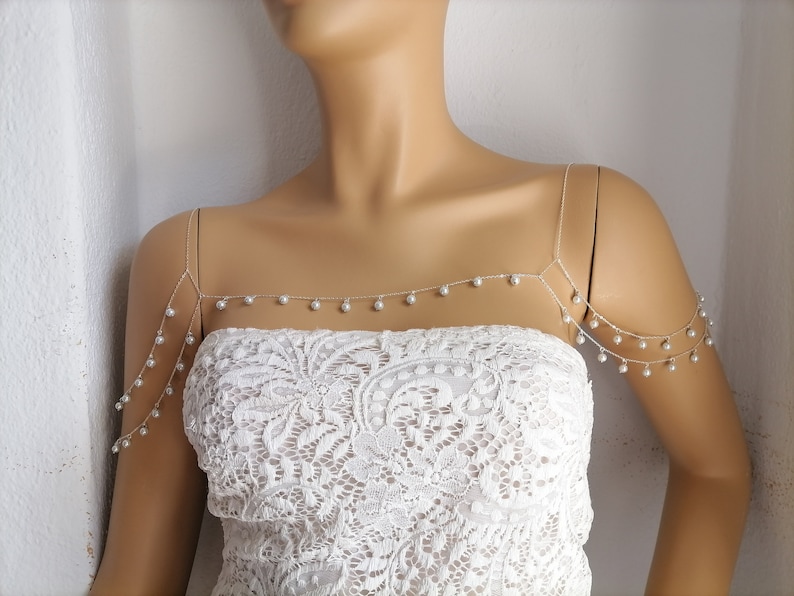 Pearl Shoulders Chain,Body Jewelry,Shoulders Beads Chain, Silver Gold Plated Body Chain, Layered Body Chain Bralette,Shoulder jewelry image 4