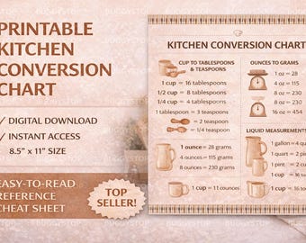 Pode incluir: Tabela de conversão de cozinha imprimível com medidas em xícaras, colheres de sopa, onças e gramas. Inclui medidas de líquidos e um tamanho de 21,6 cm x 27,9 cm. Com o texto "Download digital" e "Acesso instantâneo".