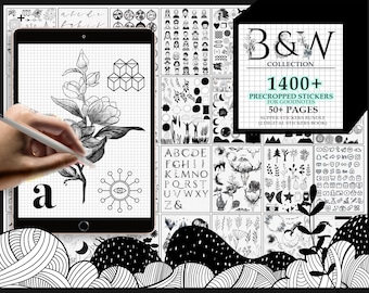 1400+ |Black & White Pre-cropped Digital Planner Stickers Super Bundle | 2 Digital  Book |Goodnotes Planner Digital Journal Stickers |