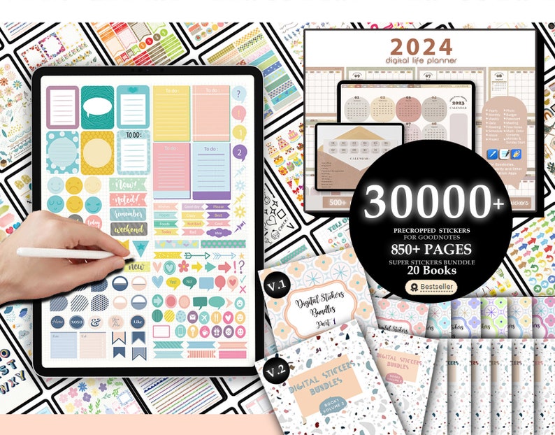 30000 Pre-cropped Digital Planner Stickers Super Bundle 2024 Planner 20 Digital Books Goodnotes Planner Digital Stickers image 1