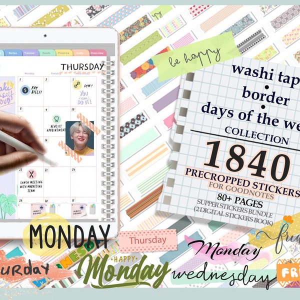 1840 |Washi Tape | Border| Days| Pre-cropped Digital Planner Stickers Super Bundle | 2 Digital Book | |Goodnotes Planner Digital  Stickers |