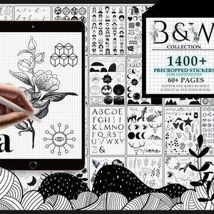 1400+ |Black & White Pre-cropped Digital Planner Stickers Super Bundle | 2 Digital  Book |Goodnotes Planner Digital Journal Stickers |