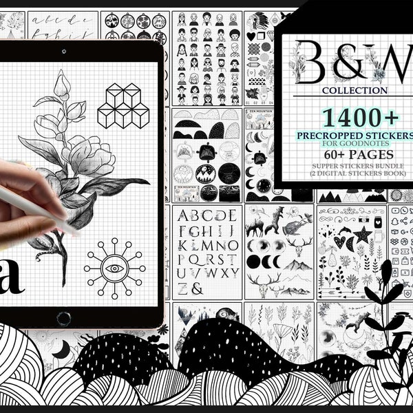 1400+ |Black & White Pre-cropped Digital Planner Stickers Super Bundle | 2 Digital  Book |Goodnotes Planner Digital Journal Stickers |