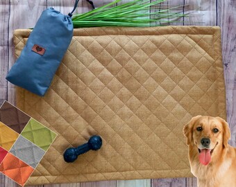 Coperta per cani da viaggio di alta qualità, impermeabile per i viaggi, PERSONALIZZATA, imbottita inclusa borsa, colore: ocra, lavabile a 60 gradi