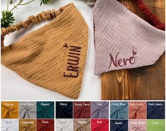 Bandana per cani di alta qualità - NUOVA con elastico - realizzata in mussola, ricamata personalizzata, oltre 30 colori anche bandana per cani bicolore.