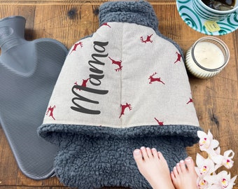 foot warming bottle; hot water bottle for feet; Personalizable TEXT, high-quality hand-sewn. Hot water bottle with foot pocket /// Motif: deer red