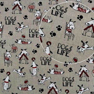 Dog fabric - linen look fabric for cushions, decorations, bags, robust and durable. Structure linen look canvas, half panama with dog motif