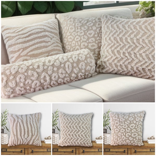 Hochwertige Kissen in Cremetöne (Ecru-Beige) mit Flauschelementen im Animal Design, viele Größen, Ausgefallen Couchkissen, Handmade