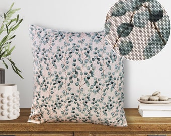 High-quality decorative cushion linen look floral eucalyptus. Elaborate and high-quality, many sizes, natural look with green accents.