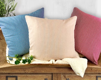 High-quality striped cushions, dyed high-quality cotton, with zipper. Many sizes and custom designs. Blue, red beige