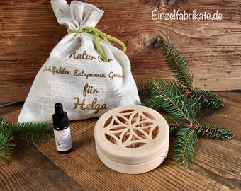 Pine diffuser handmade, 100% pine and natural, design: flower of life, personalized gift set including pine oil and pine shavings