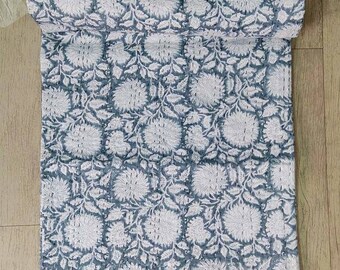 Gray color Indian beautiful floral print Kantha quilt Kantha throw bedcover size multi