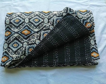 Edredón Kantha con estampado de bloques: colcha de algodón india hecha a mano