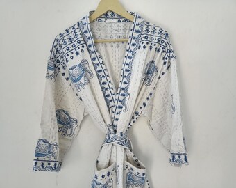 Vestaglia in cotone Kantha fatta a mano, giacca kimono indiana, telo da spiaggia