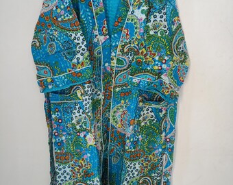 Handmade Kantha Cotton Kimono Robe, Floral Print