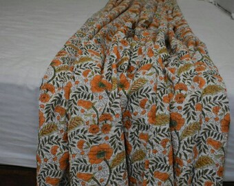 Vente de Noël Orange fleurs imprimé indien bloc à main kantha couette literie couvre-lit parfait lit assorti taille de lancer multi
