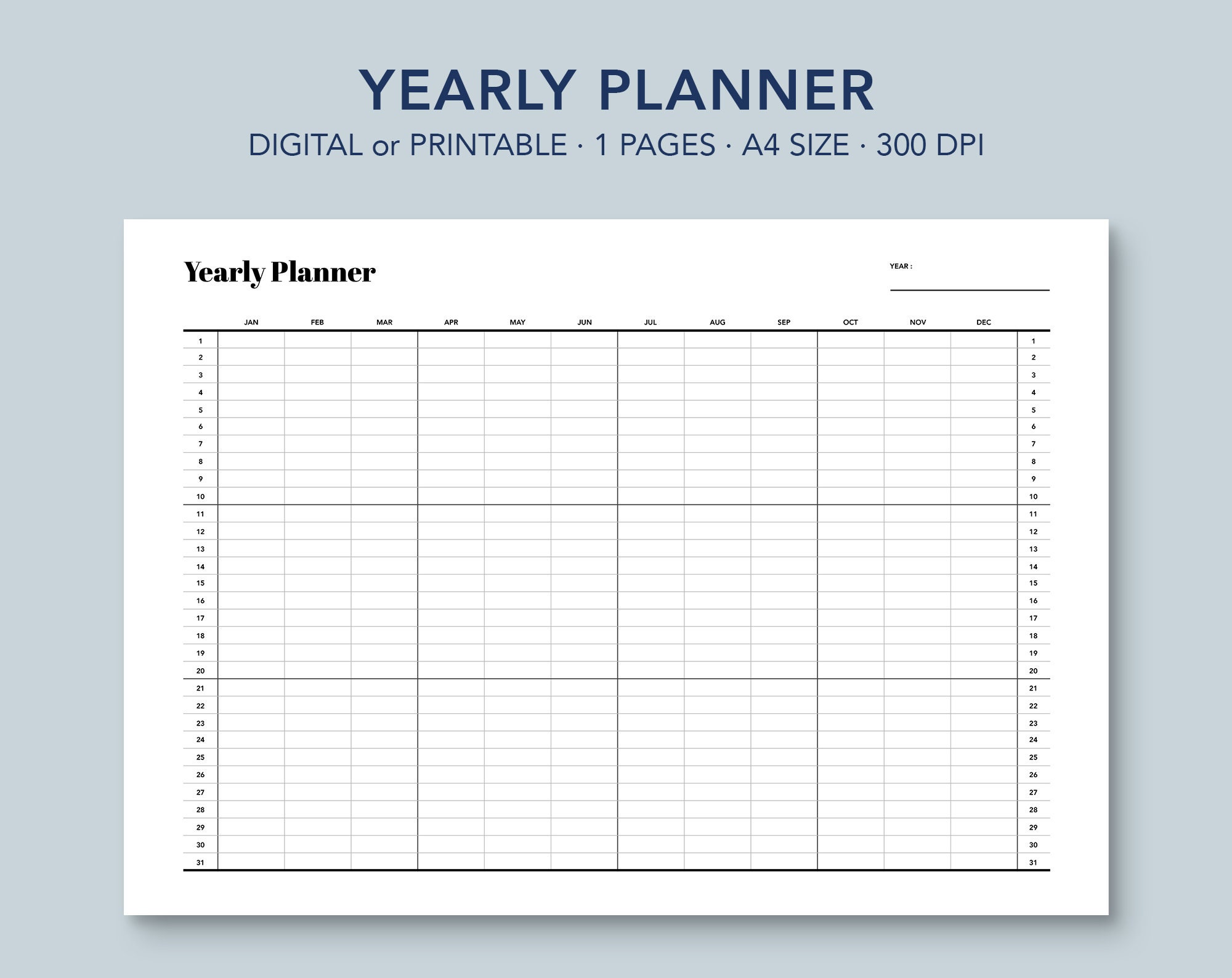 Yearly Planner A4 Pdf Digital Yearly Planner Yearly Etsy