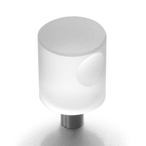 May include: White frosted glass cabinet knob with a round cutout and a silver metal base.
