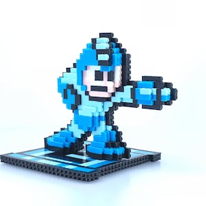 Megaman 3D Figure with Base - Megaman Inspired - Rockman - Bead Sprite - Pixel Art - Perler Bead - Standee - SNES - Video Game - Robot