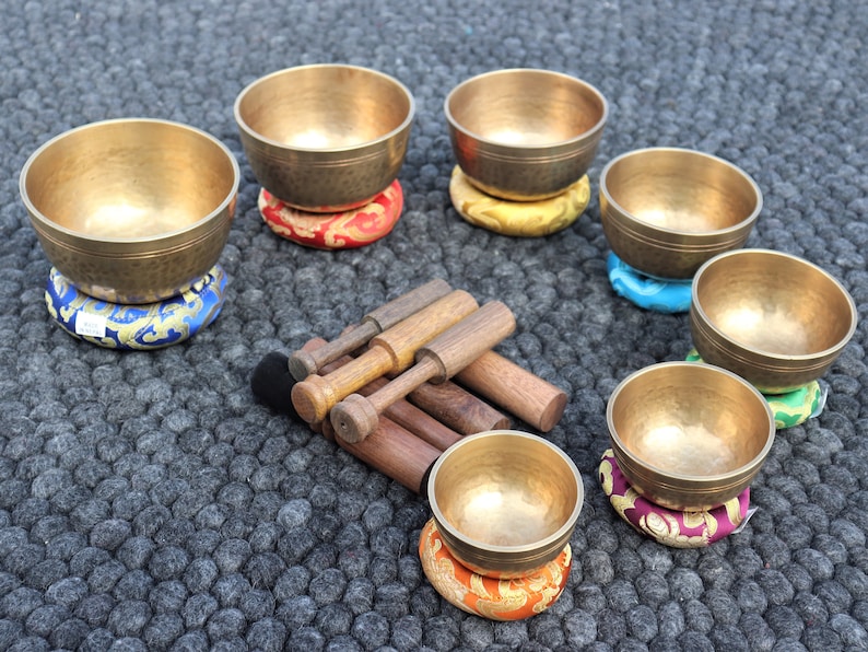 anxiety relief Tibetan singing bowls,health and wellness Stunning set of 7 singing bowls Handmade in Nepal peace and harmony meditation.