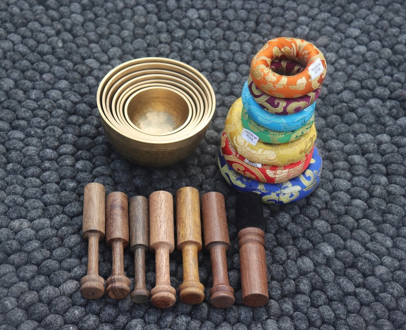 anxiety relief Tibetan singing bowls,health and wellness Stunning set of 7 singing bowls Handmade in Nepal peace and harmony meditation.