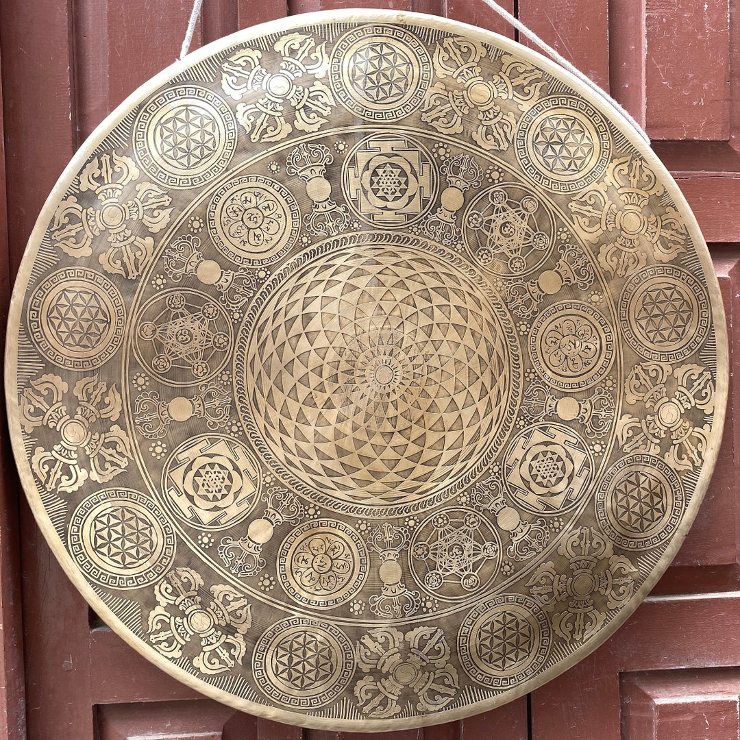 Beautiful 70 Cm Large Gong Bell, Special Handcarved Tibetan Gong Bell