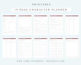 Può includere: Pianificatore di personaggi stampabile di 10 pagine con sezioni per i dettagli del personaggio, le motivazioni, le relazioni e altro ancora. Il pianificatore ha uno schema di colori marrone e bianco.