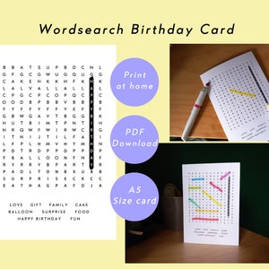 Printable Wordsearch Birthday Card - PDF Download - A5 Card