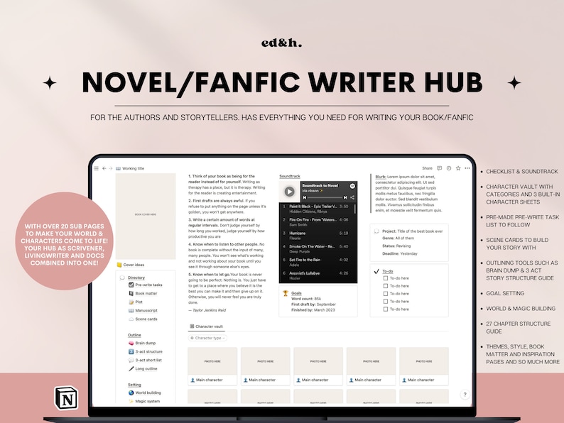 Notion Template for Writers, Writers Planner, Notion Planner, Digital Writing Planner, Author Organizer, Novel Writing, Fanfic Planner 