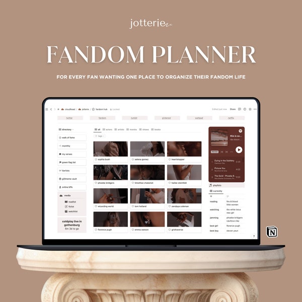 Modèle de planificateur Fandom pour Notion | Modèles Fandom Notion | Artiste | Animés | Film | Afficher | Groupe | Réserver | Agenda numérique | Organisation