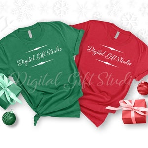 Bella Canvas 3001 Christmas group mockup,Kelly Red christmas tee mockup,Xmas shirt mockup for couple,Xmas flatlay t-shirt,Holiday tee mockup
