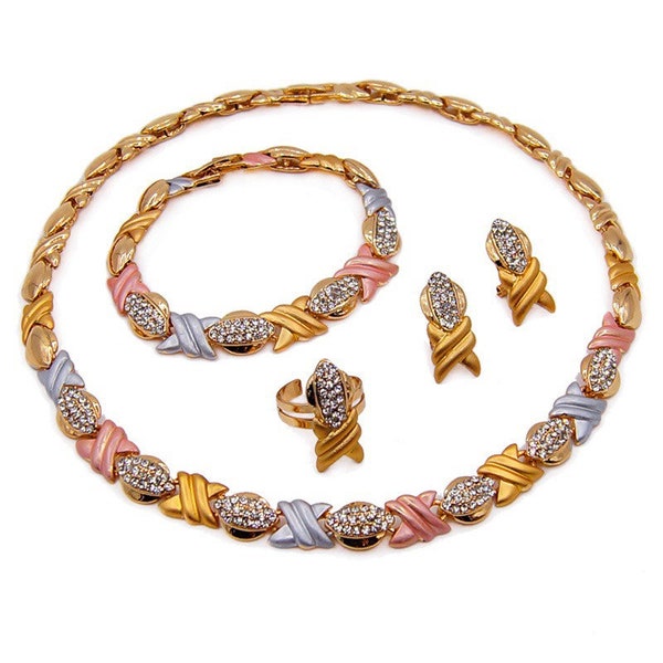 14k gold filled tri color stampado set comes with ring, earrings, necklace, and bracelet!