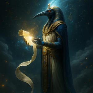 May include: An illustration of an Egyptian deity, possibly Thoth, holding a glowing scroll. The figure is dressed in blue and gold robes, set against a starry night sky with celestial elements.