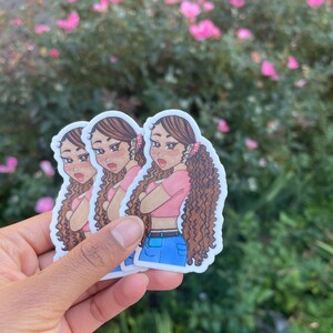 May include: Three stickers featuring a cartoon illustration of a girl with brown curly hair, wearing a pink shirt and blue jeans. The girl is looking to the side with a serious expression.
