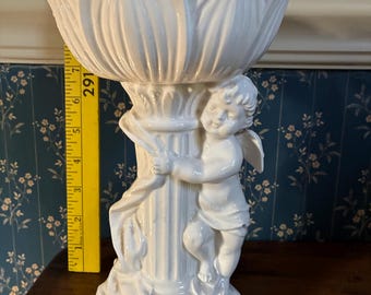 Sweet lightweight vintage ceramic cherub with vessel! Use for candle holder with ivy or planter or food. serving.