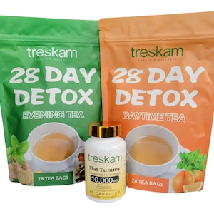 Treskam detox- Detox Tea Power Kit-1 - Daytime Tea (28 Bags) 1 Evening Tea (28 Bags) & 1 flat tummy capsule(60 capsules) Detox and Cleanse