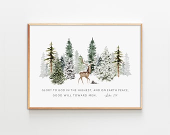 Luke 2:14 Christmas Deer Print, Bible Verse Holiday Wall Art (Digital Download)