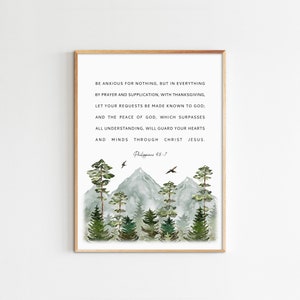 Philippians 4:6-7 Printable Watercolor Mountains Scripture Poster Bible Verse Wall Art Christian Home Decor