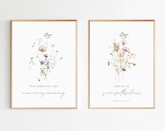 Lamentações 3:23, Suas misericórdias são novas todas as manhãs, arte de parede de versículos bíblicos, conjunto de 2 escrituras, estampas de flores silvestres, tamanho máximo 24 x 36